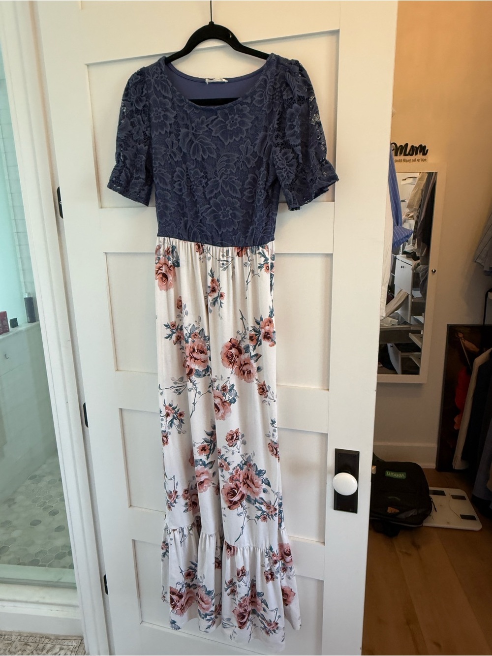 Blue Lace Top with Floral Maxi Skirt